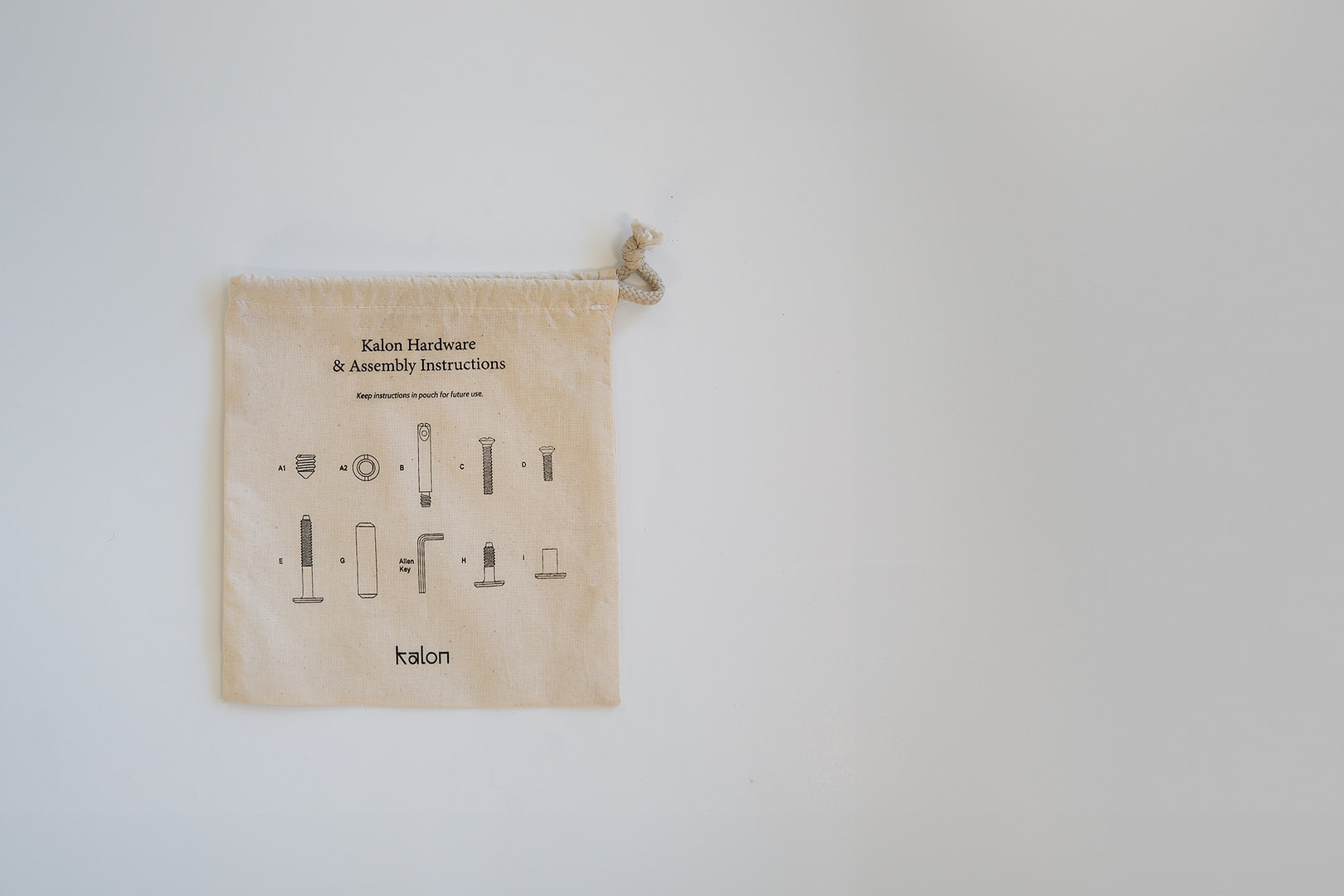 Kalon Hardware Kit Kalon Hardware Drawstring Pouch in Cream Cotton Printed with Labeled Hardware Diagrams A1 i and the Kalon Logo