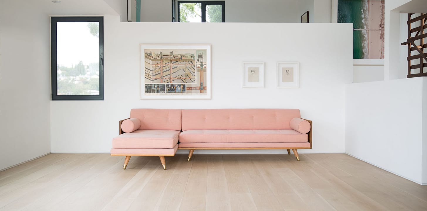 Mid Century Modern Sofa Sectional with Tufted Pink Latex Cushions